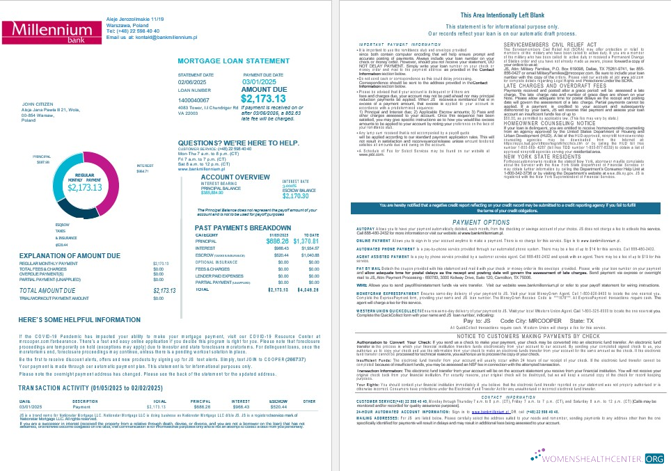 Download Poland Millennium bank mortgage statement in Word and PDF formats 1 2 Photoshop template